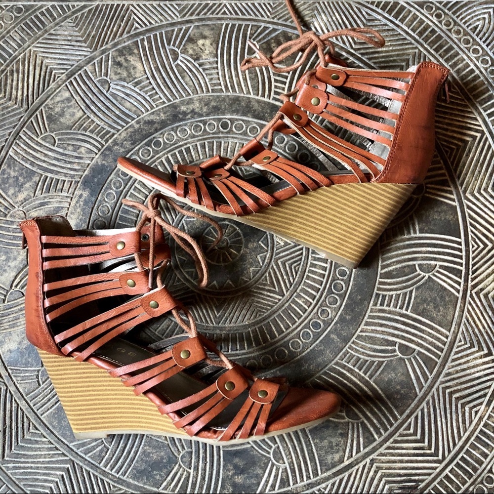 RAMPAGE Wedge Sandals Kandu Open Toe Strappy Lace Up Brown Womens 10M